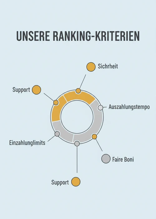 Ranking-Kriterien der Top 10 Visa-Casinos: Sicherheit, Auszahlungstempo, Einzahlungslimits, faire Boni und Support.