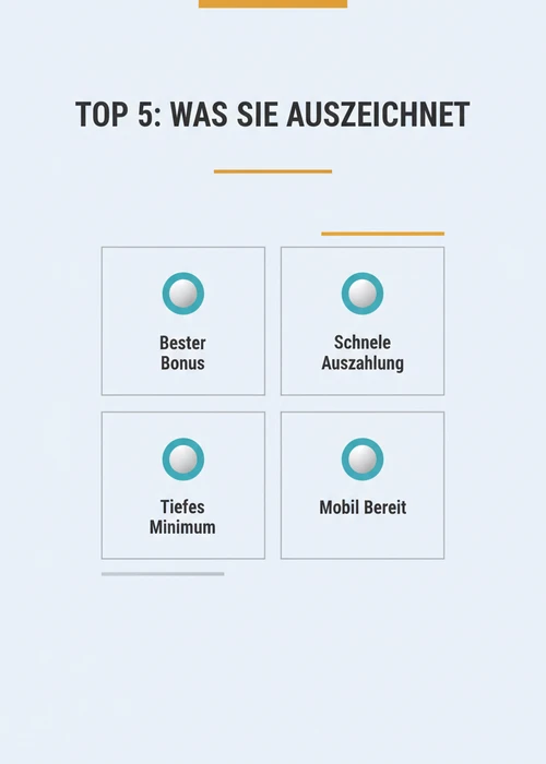 Was die Top 5 Visa-Casinos auszeichnet: bester Bonus, schnelle Auszahlung, tiefes Minimum und mobile Bereitschaft.