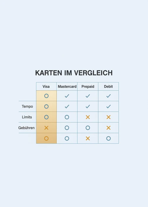 Karten im Vergleich für das beste Visa-Casino: Visa, Mastercard, Prepaid und Debit nach Tempo, Limits und Gebühren.