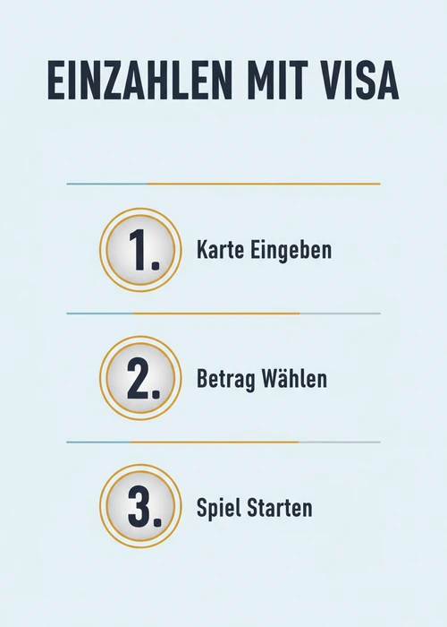 Einzahlen mit Visa in drei Schritten: Karte eingeben, Betrag wählen und Spiel starten im Online-Casino.