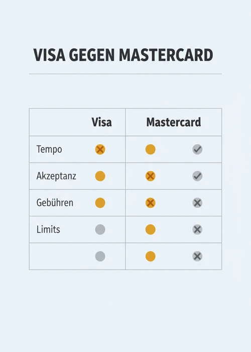 Visa gegen Mastercard im Casino-Vergleich nach Tempo, Akzeptanz, Gebühren und Limits für Schweizer Kartenkunden.
