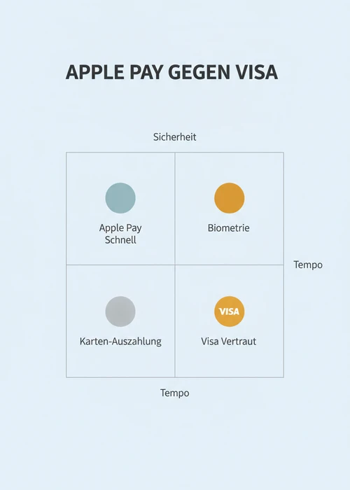 Apple Pay gegen Visa nach Tempo und Sicherheit: Apple Pay schnell, Visa vertraut, Biometrie und Karten-Auszahlung.